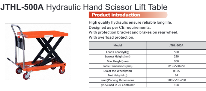 JTHL-500A Hydraulic Hand Scissor Lift Table